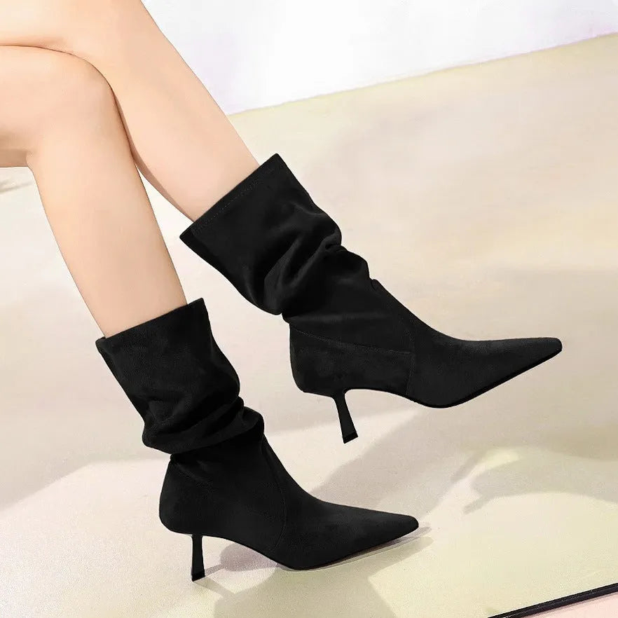 Solid colour mid-calf stiletto heel boots with elastic pleated detailing and pointed toe