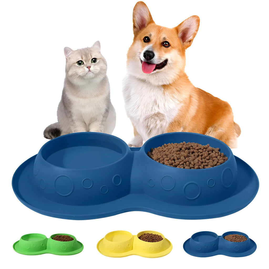Blue non-slip silicone 2-in-1 pet feeding mat holding water and food bowls