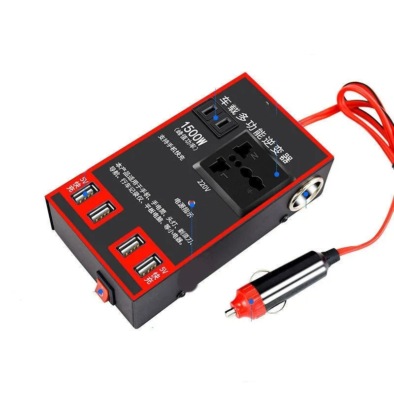 Black 12V 24V to 220V automotive power converter with car cigarette lighter plug and USB ports