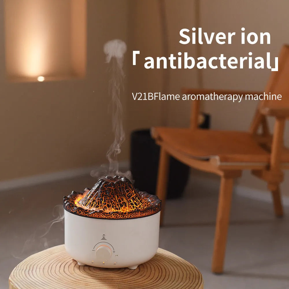 White columnar volcanic humidifier with simulated flame lighting and remote control