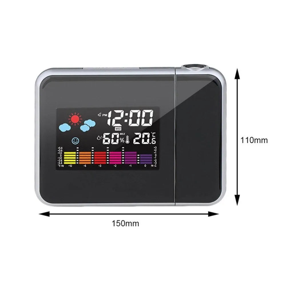 Black digital projection alarm clock showing time, temperature, and humidity on its display.