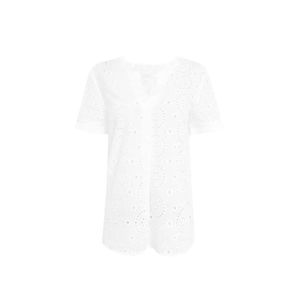 White women's oversized V-neck T-shirt with hollow-out lace detail on chest, short sleeves, loose fit.