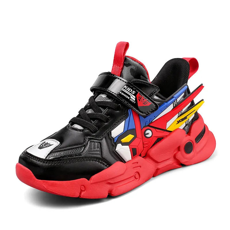 Boy's artificial leather sneakers with Velcro fastening in yellow, black red, or lake blue with cartoon pattern