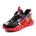 Boy's artificial leather sneakers with Velcro fastening in yellow, black red, or lake blue with cartoon pattern