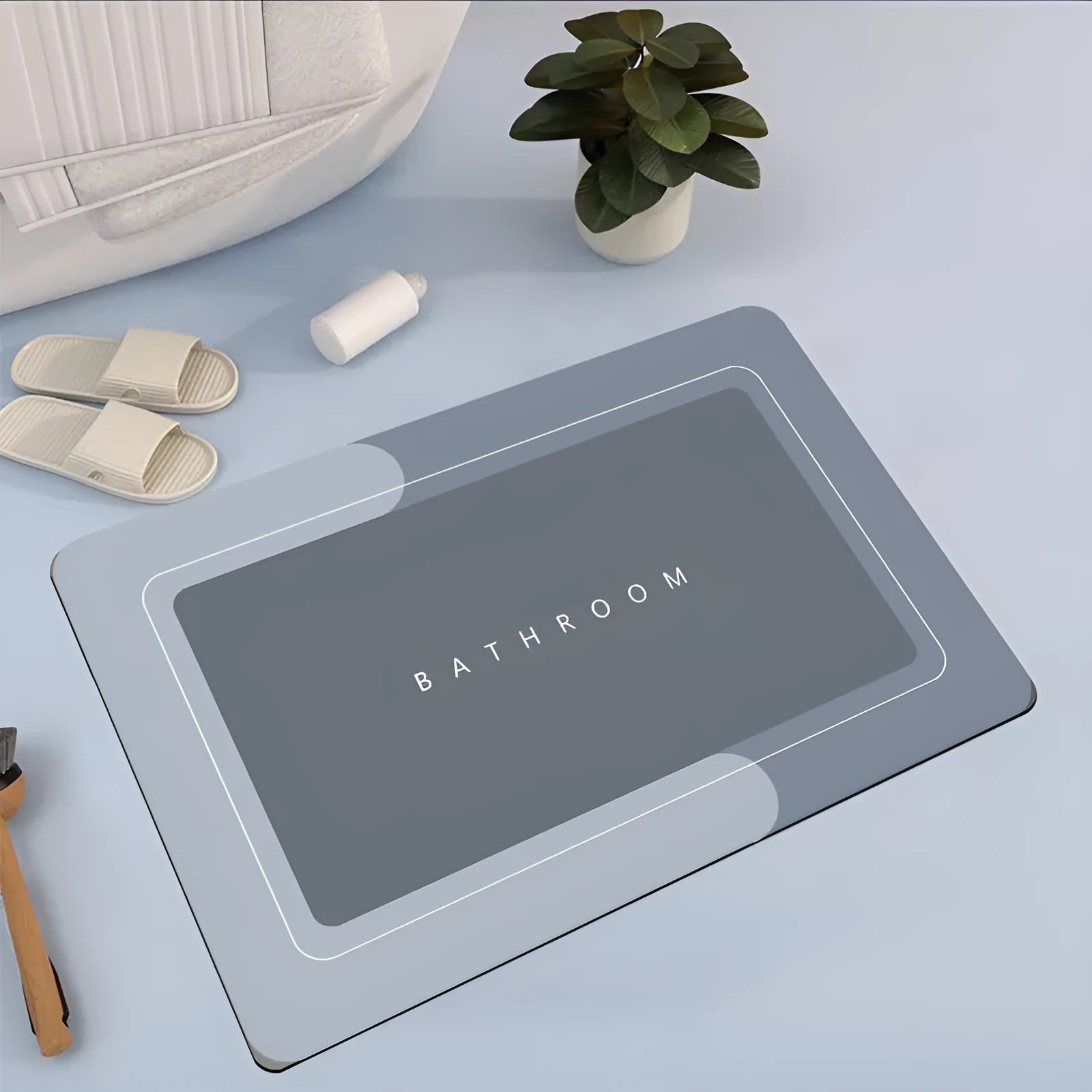 Modern simple diatom mud bathroom floor mat with non-slip rubber backing in Baikal blue colour.
