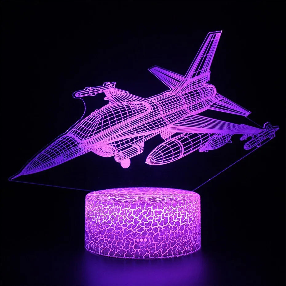 Cartoon aeroplane-shaped LED night light with touch-sensitive switch on acrylic panel.