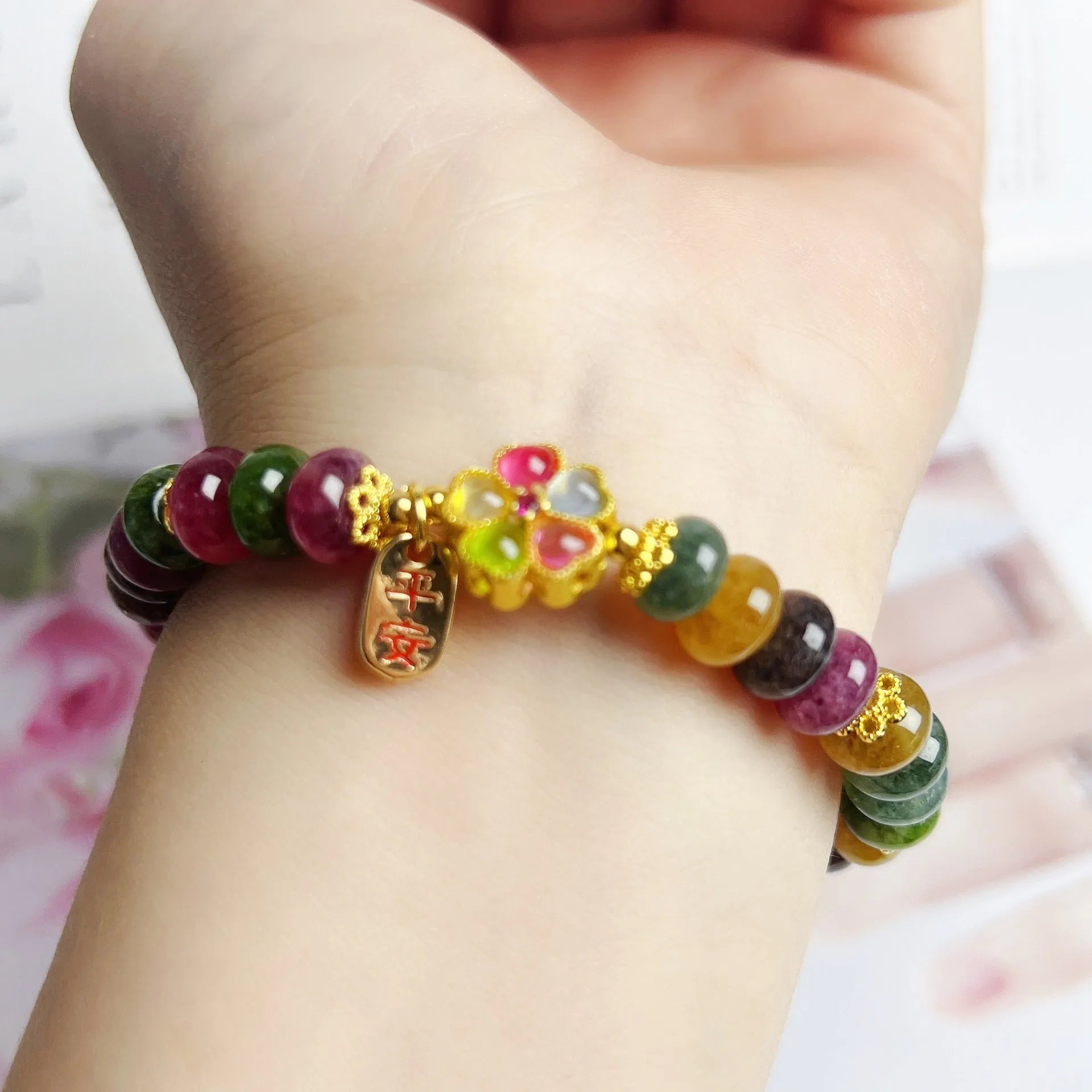Colourful tourmaline abacus beads jade bracelet for women with artificial crystal beads