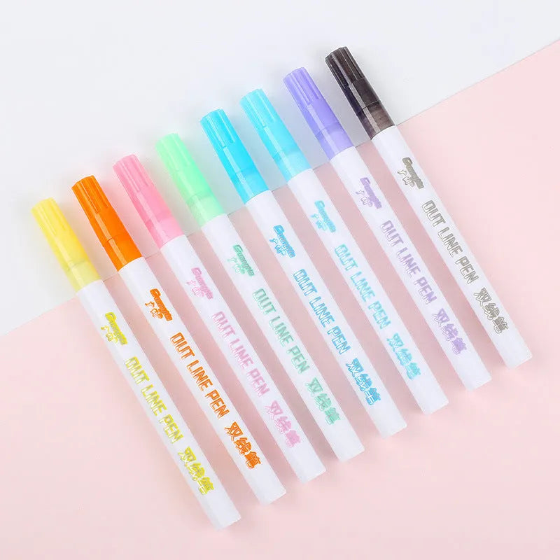 Eight colour fluorescent markers with fine 2mm tips arranged beside their 14cm x 8.9cm packaging box