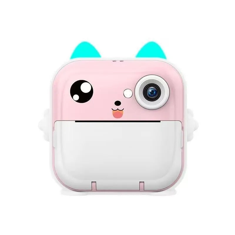 Pink children's SLR-style dual lens toy camera on a white background.