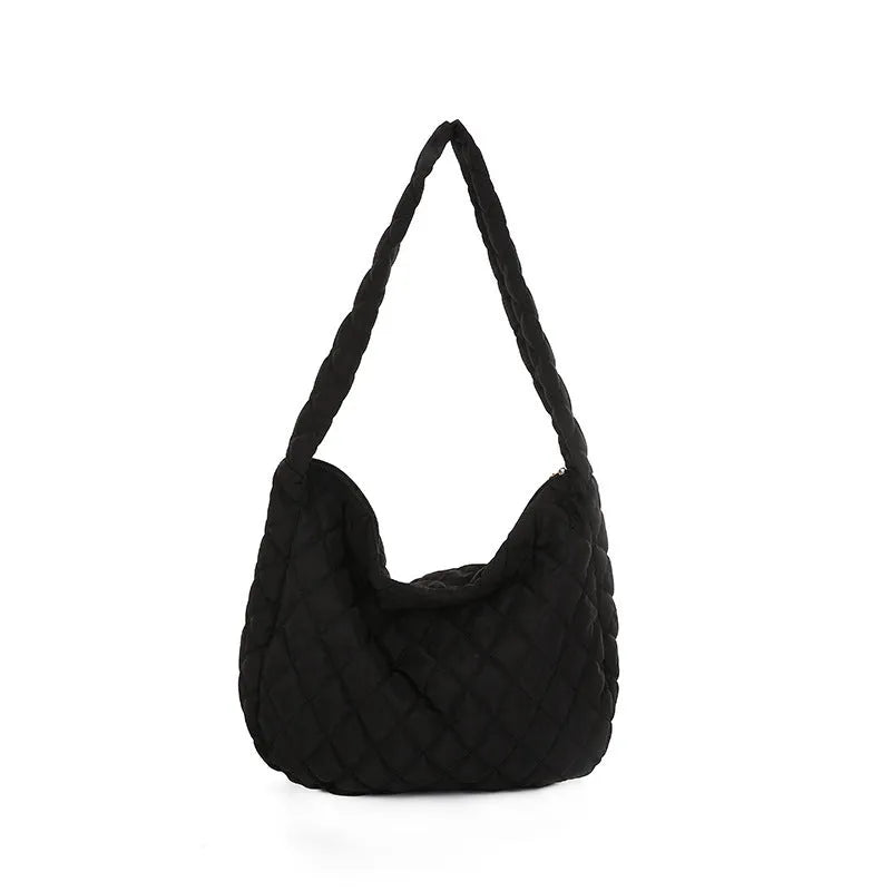 Women's large nylon tote shoulder bag with zip, soft handle, 60cm strap, in white or black