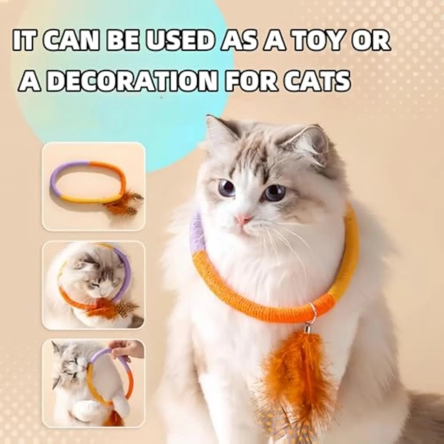 Green circular cotton rope cat toy with feathers attached, shown next to purple version