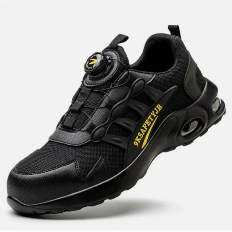 Men's breathable anti-smash steel toe safety shoes in black suede with rubber sole