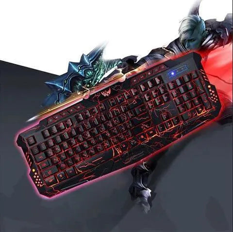 Black 3-colour LED backlit gaming keyboard with ergonomic S-shaped design and adjustable stand on desk