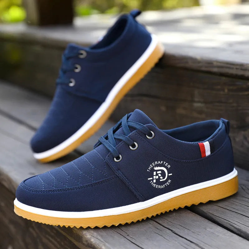 Men's black canvas platform casual work shoes with a high heel and leather toe cap.