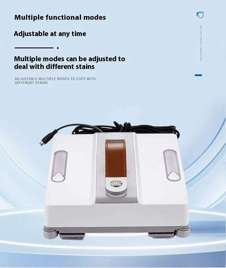 White intelligent window cleaning robot device for automated high-rise window washing.
