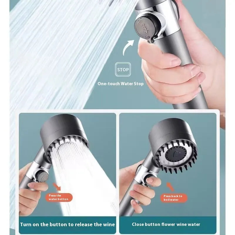 Portable ABS shower head with modern design showing three adjustment settings for different water flows