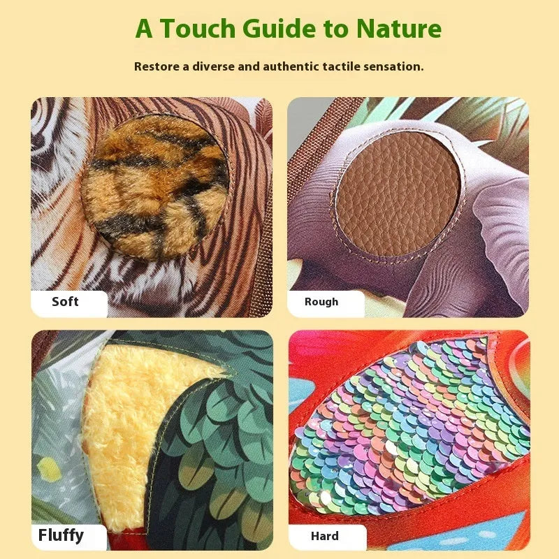 Infant touching textured page of animal sound book with colourful illustrations and button