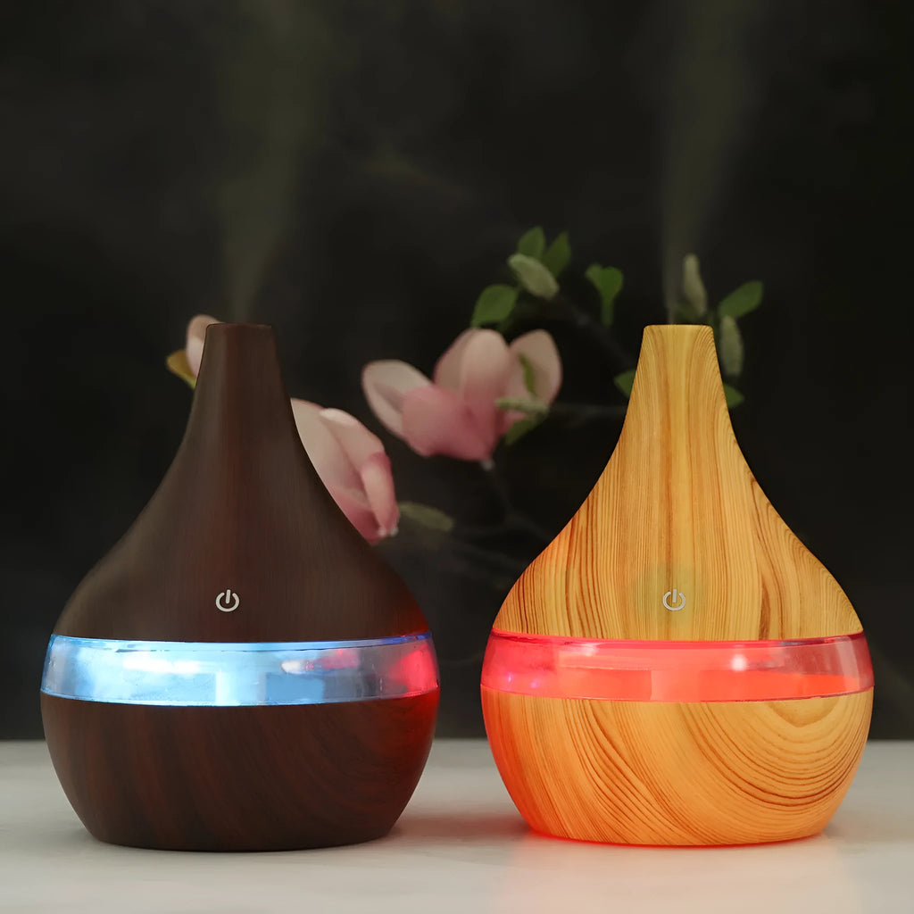 USB columnar air humidifier with wood grain finish and single fog outlet