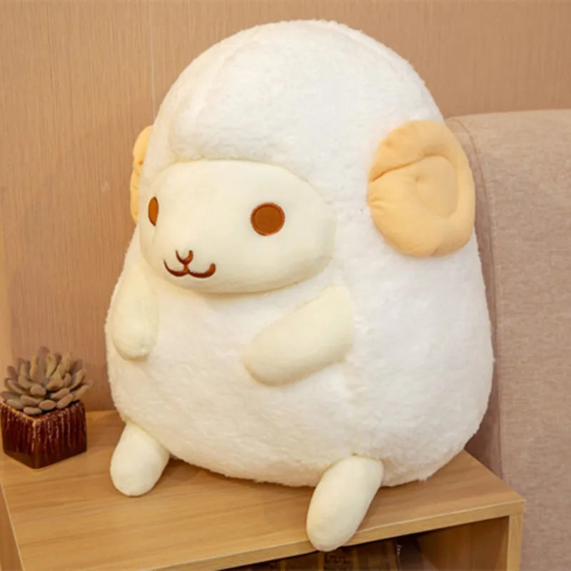 Cute sitting little sheep doll plush toy in pink colour with super soft short plush fabric