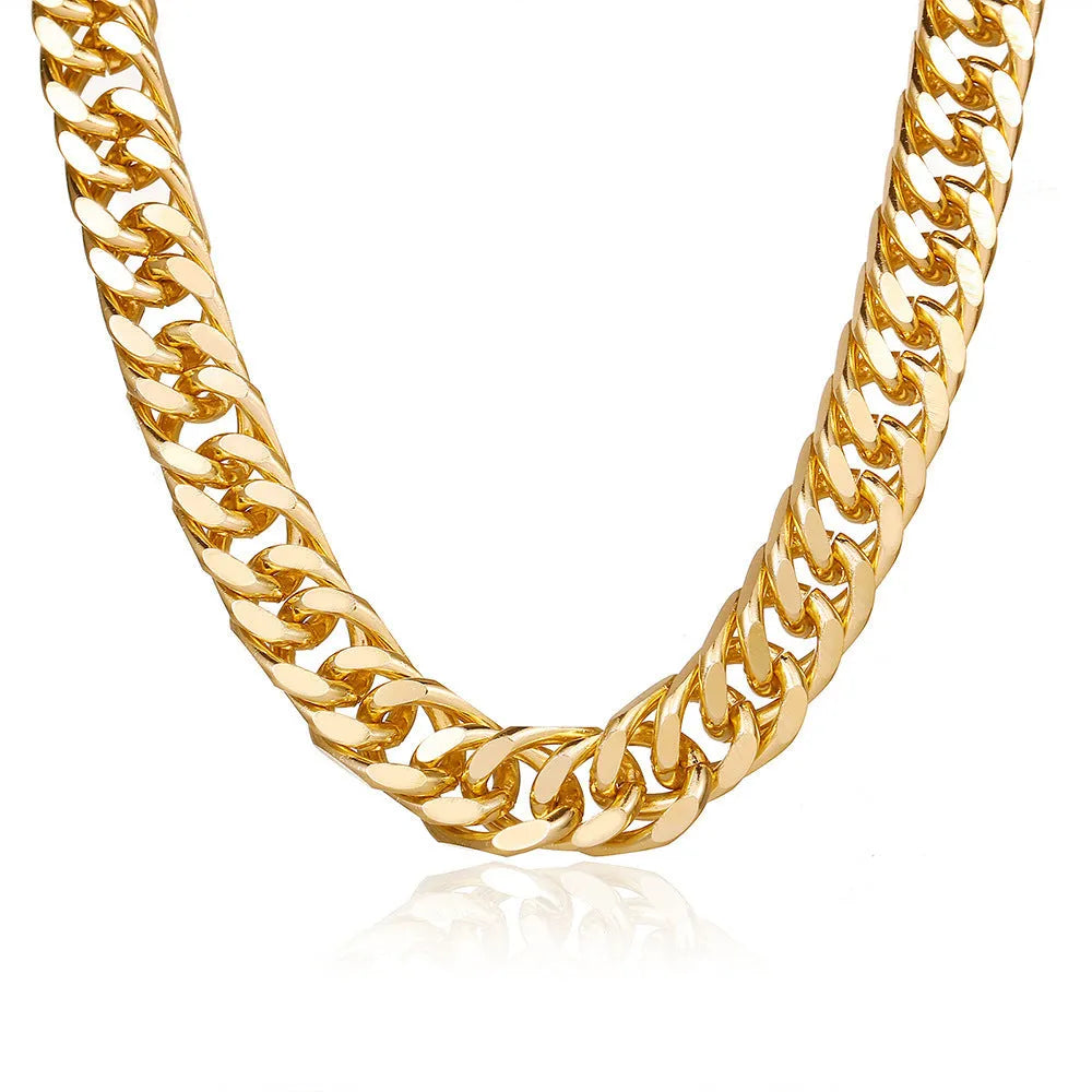 Gold-toned women's thick chain necklace with an integrated rectangular pendant, shown on a plain background.