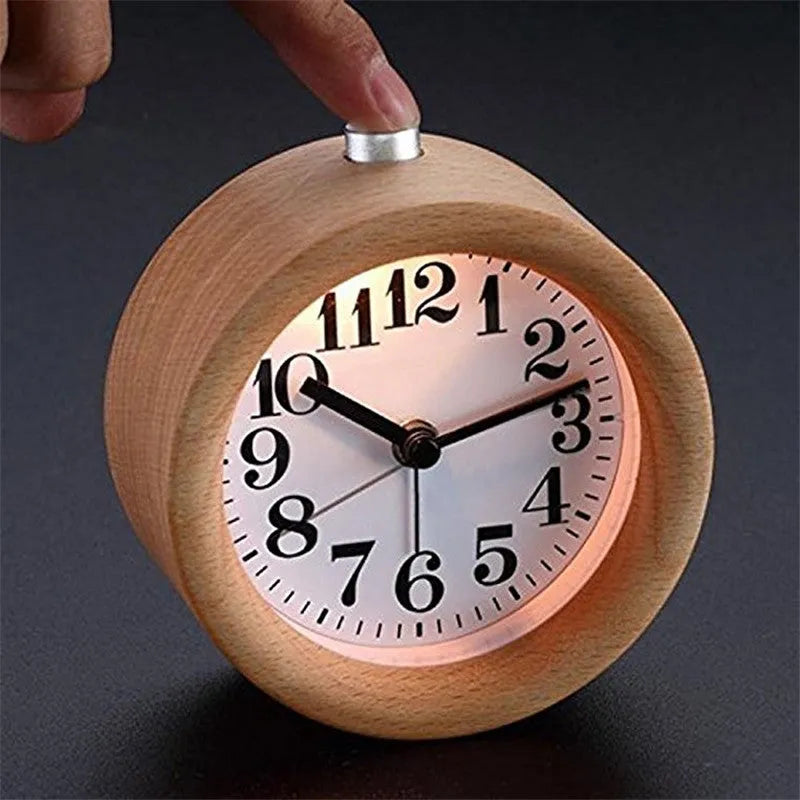 Square beech wood alarm clock with glass mirror and PVC dial, 9.5cm bedside timepiece