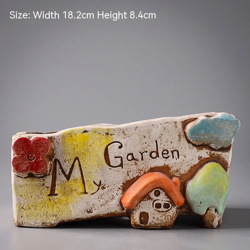 Handmade ceramic combination flower pot with hand-painted pastoral design for succulents