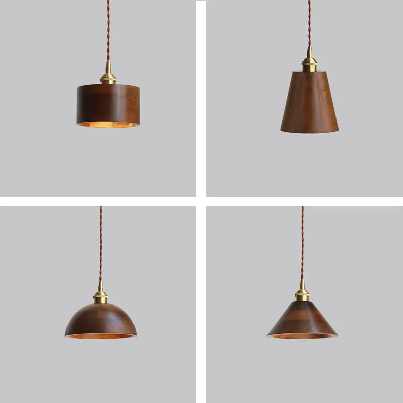 Black walnut and copper single-head droplight chandelier with an E27 lamp holder.