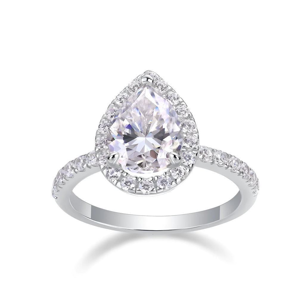 Moissanite wedding ring set, pear-shaped 7x9mm stone, S925 silver with platinum plating, sizes 5-9