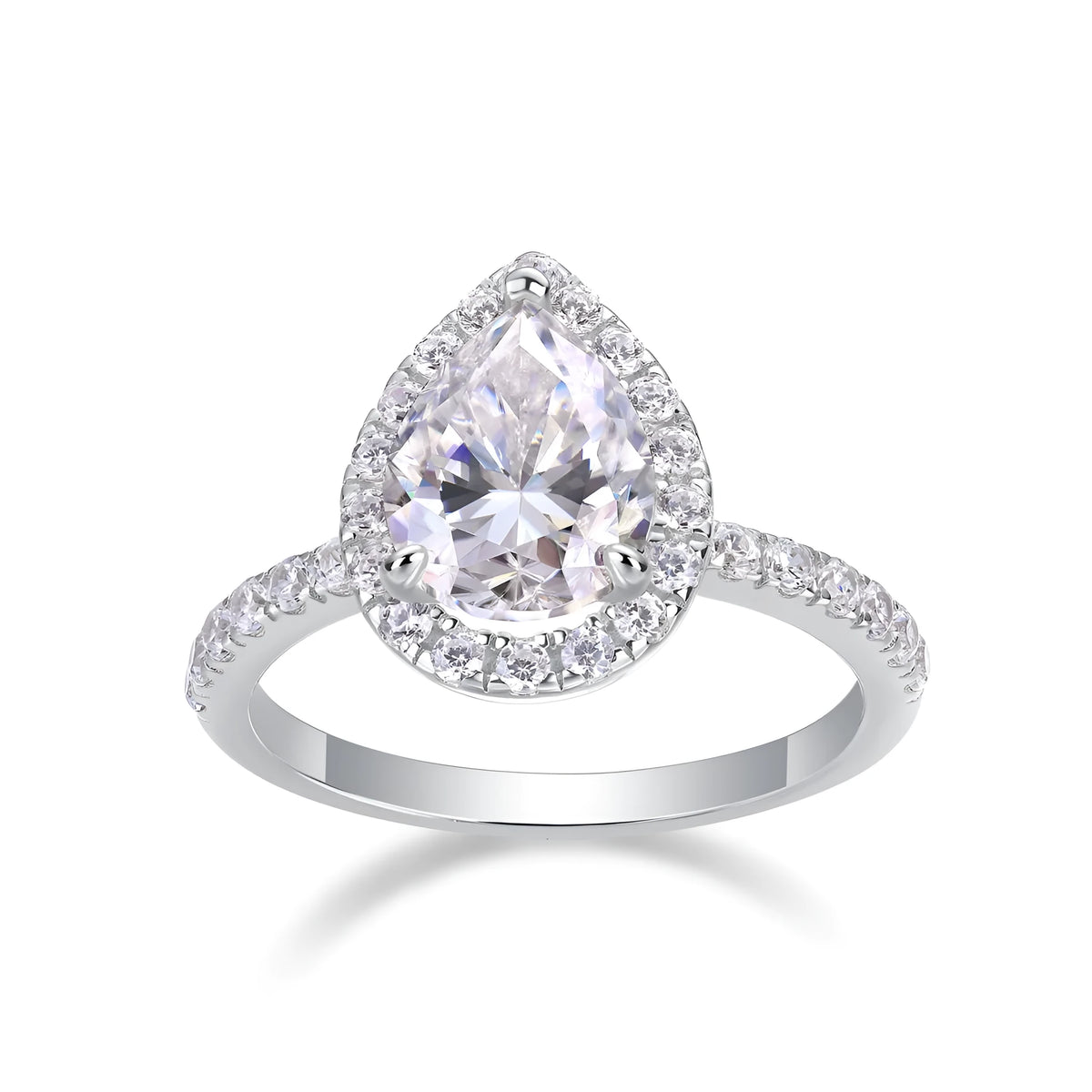 Moissanite wedding ring set, pear-shaped 7x9mm stone, S925 silver with platinum plating, sizes 5-9