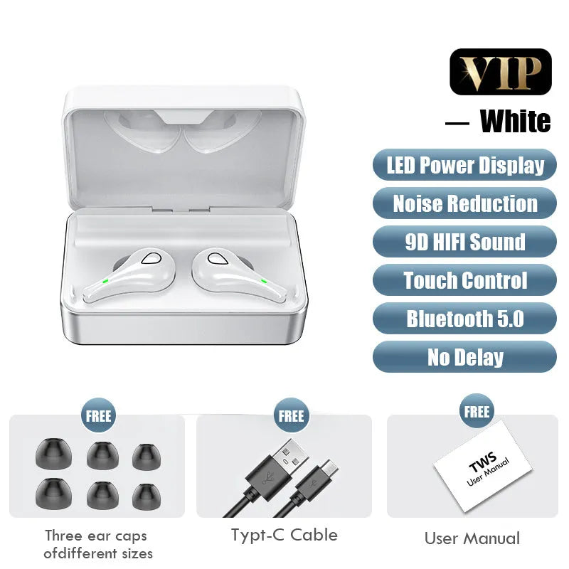 Black wireless Bluetooth in-ear headphones with microphone, silicone ear tips and charging box