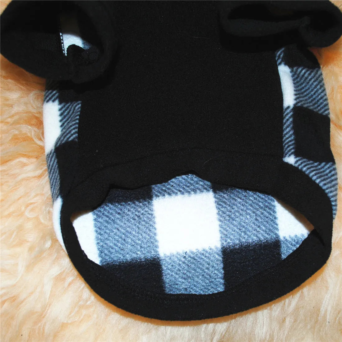 Fleece dog hooded sweater in black and white grid, winter clothing for small to large dogs