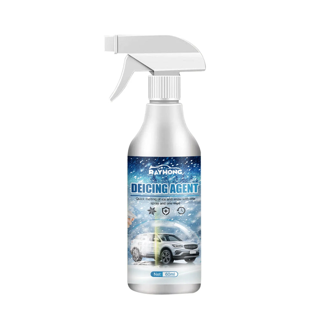 60ml bottle of car ice melting spray with attached cloth scraper on white background.