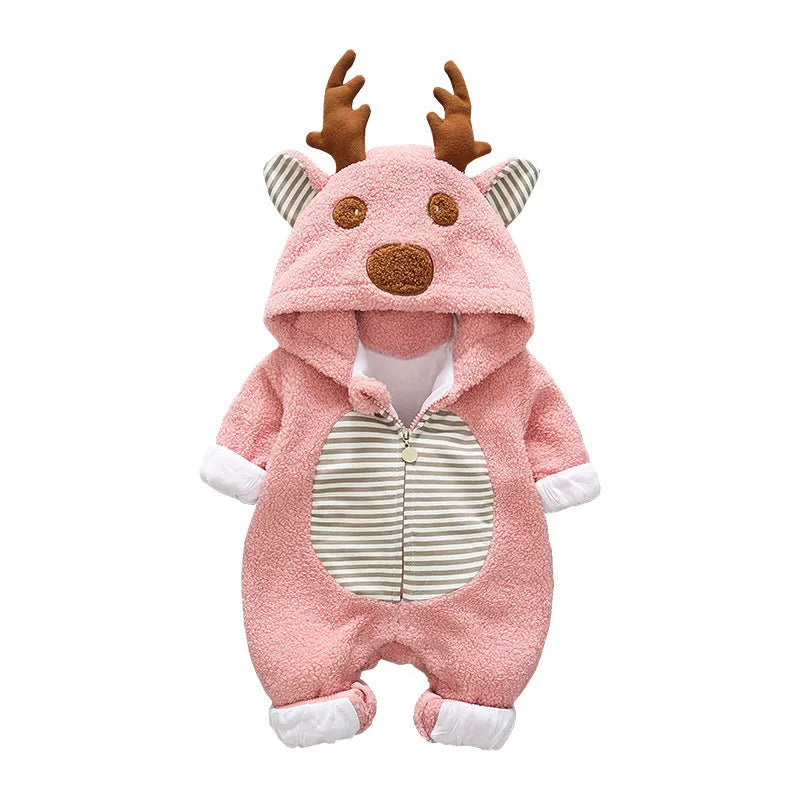 Long sleeve baby romper with lace-up strap closure in khaki, pink, or white colour.