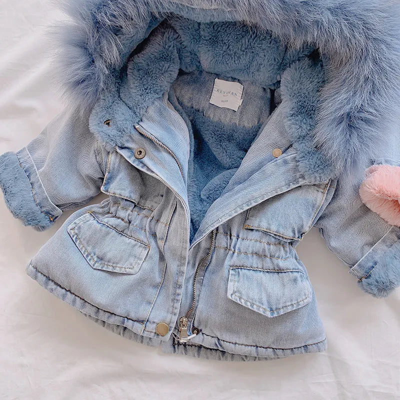 Girl's blue denim coat with hood and plus velvet thickness for Asian sizing