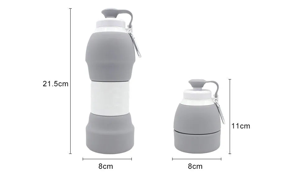 Silicone folding water bottle showing extended and compressed states in blue colour