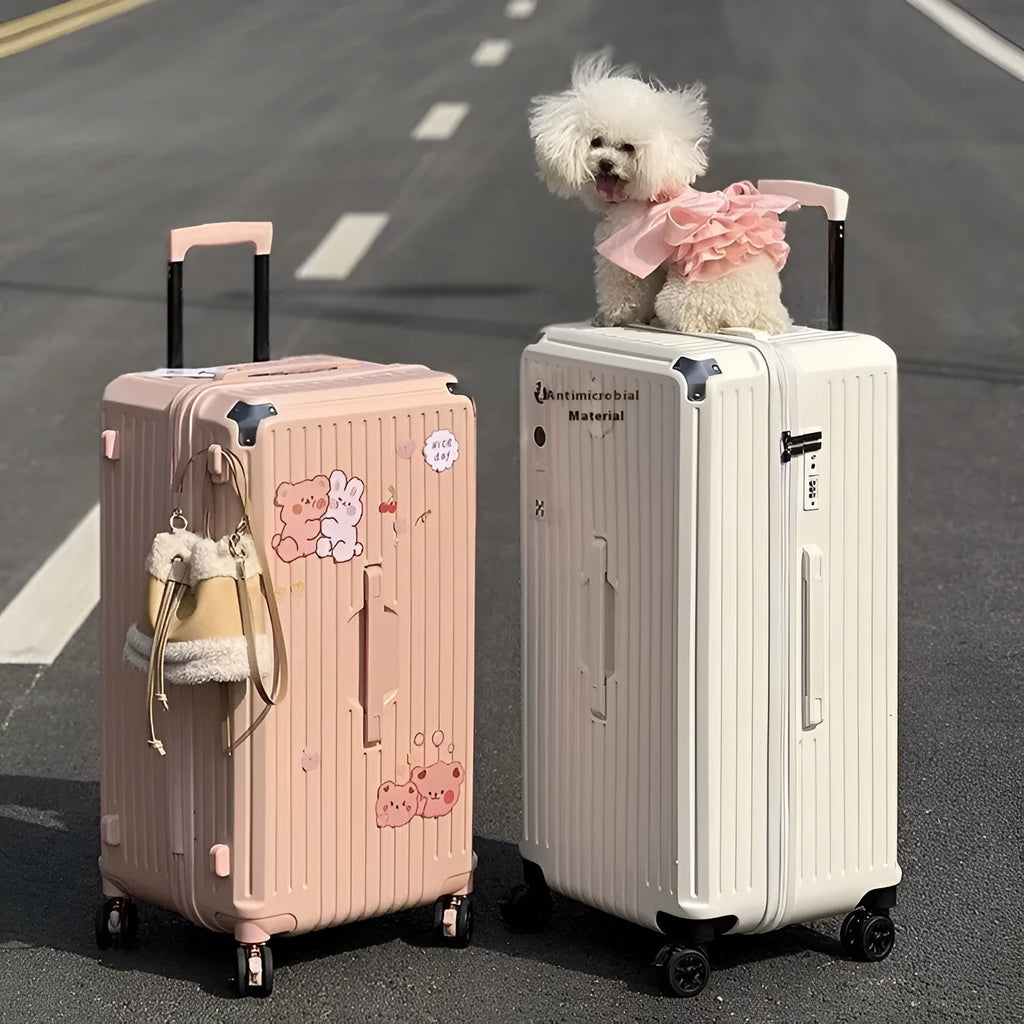 Five-wheel super large capacity traveling trolley case in Ivory White, ABS PC material, with antibacterial lining and brake wheel