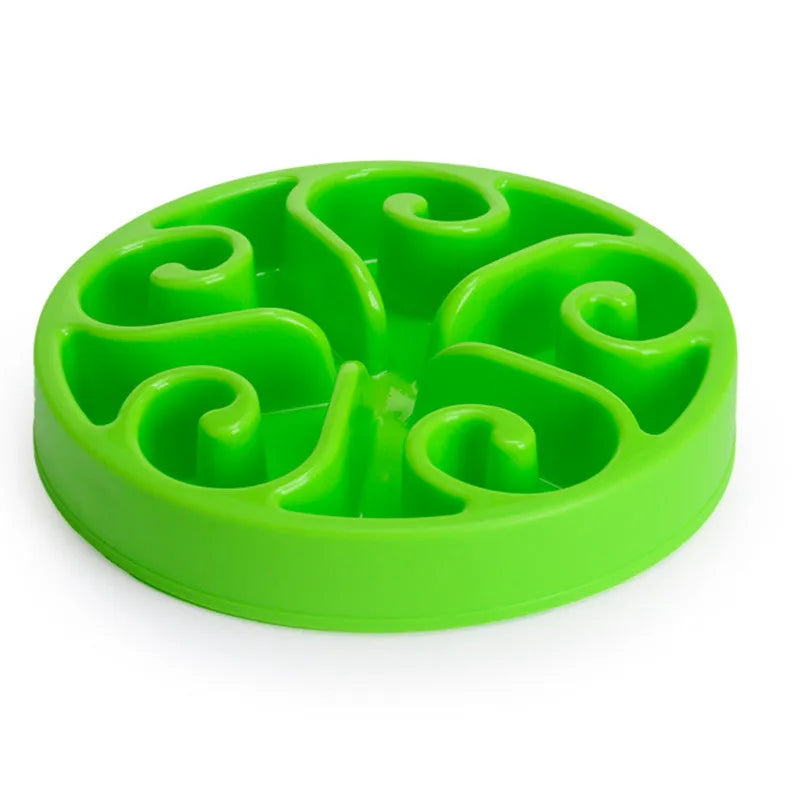 Colour options of an eco-friendly dog slow feeder bowl with maze pattern and non-slip base.