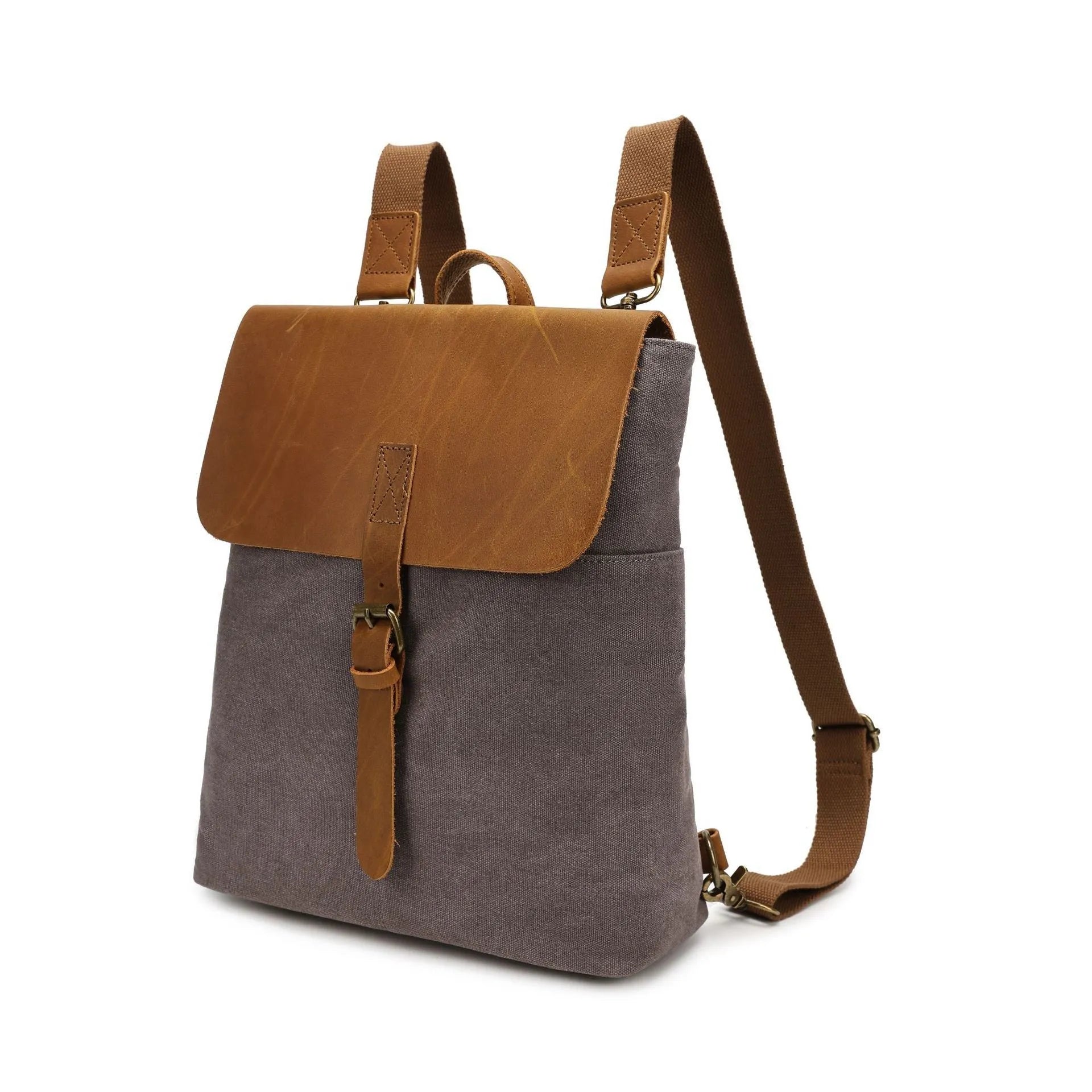 Crazy Horse Leather casual student backpack in waterproof canvas with splicing design