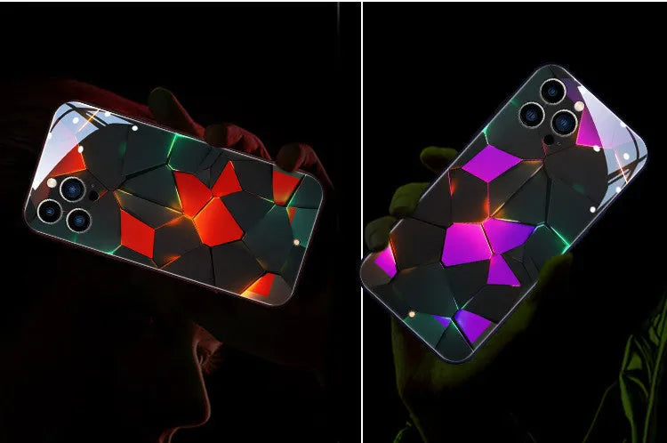 Xpress 14 clear tempered glass iPhone case with illuminated lightning diamond design on the back.