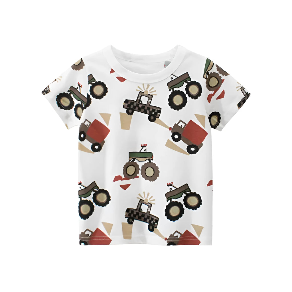 Children's car short sleeve t-shirt in white with cartoon car print, soft fabric, summer top for kids 3-8 years