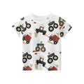 Children's car short sleeve t-shirt in white with cartoon car print, soft fabric, summer top for kids 3-8 years