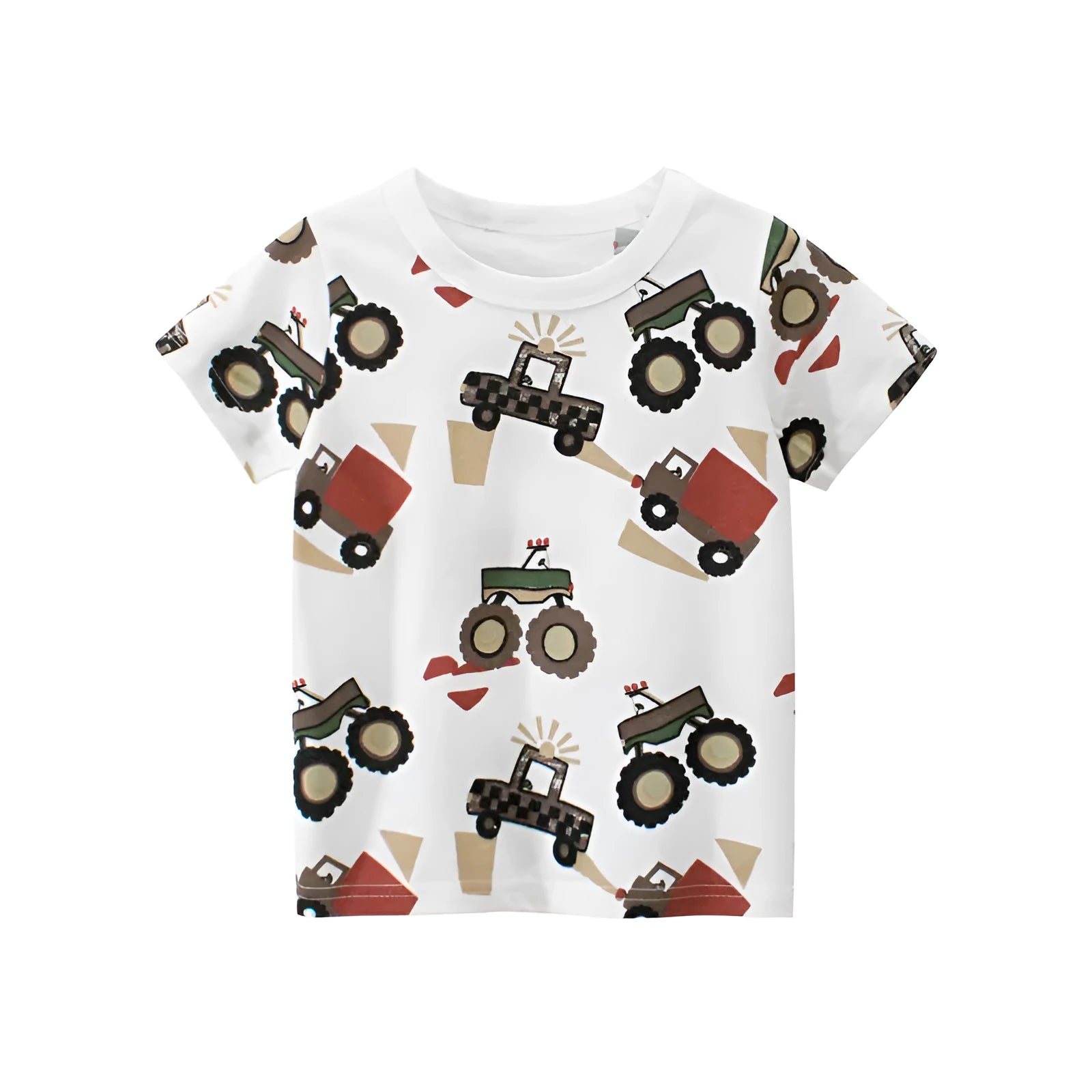 Children's car short sleeve t-shirt in white with cartoon car print, soft fabric, summer top for kids 3-8 years