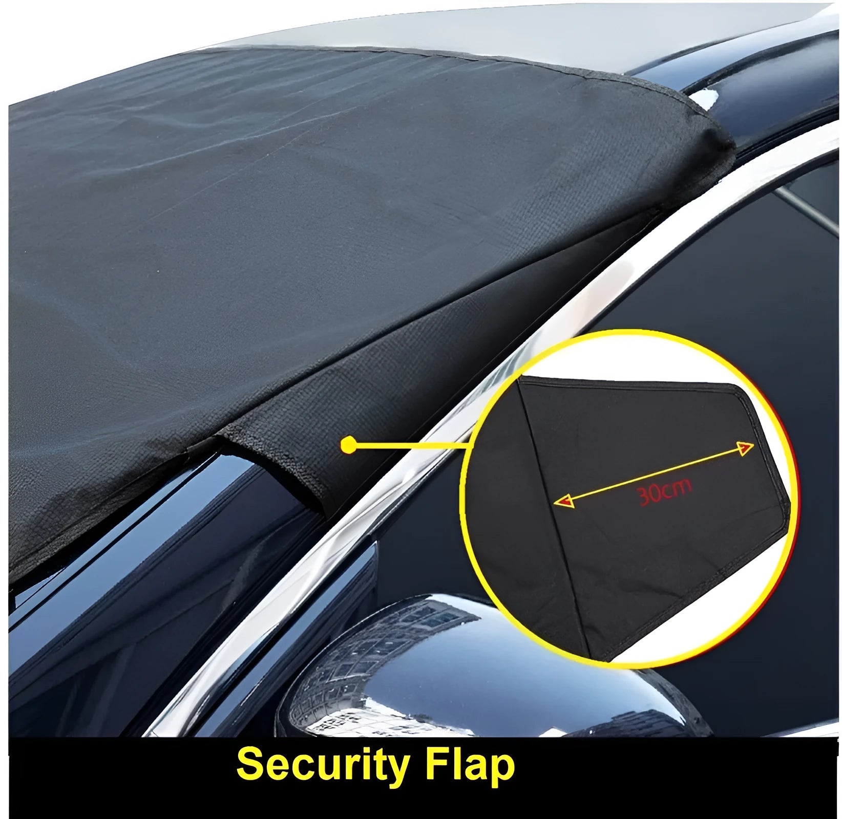 Black rubber Oxford cloth windshield ice and snow gown draped over car windscreen in winter