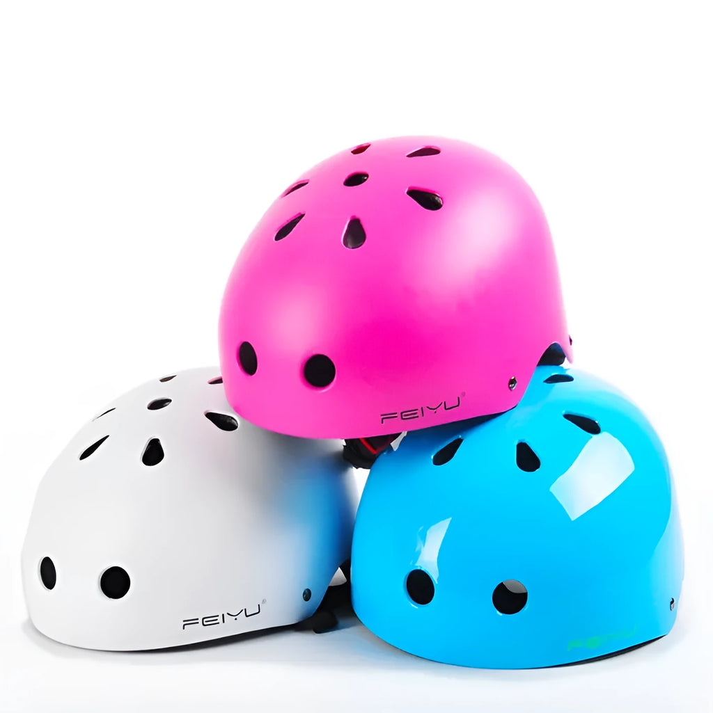 Boiling Fish wheel skating helmet in blue with bright light finish, showing side and strap