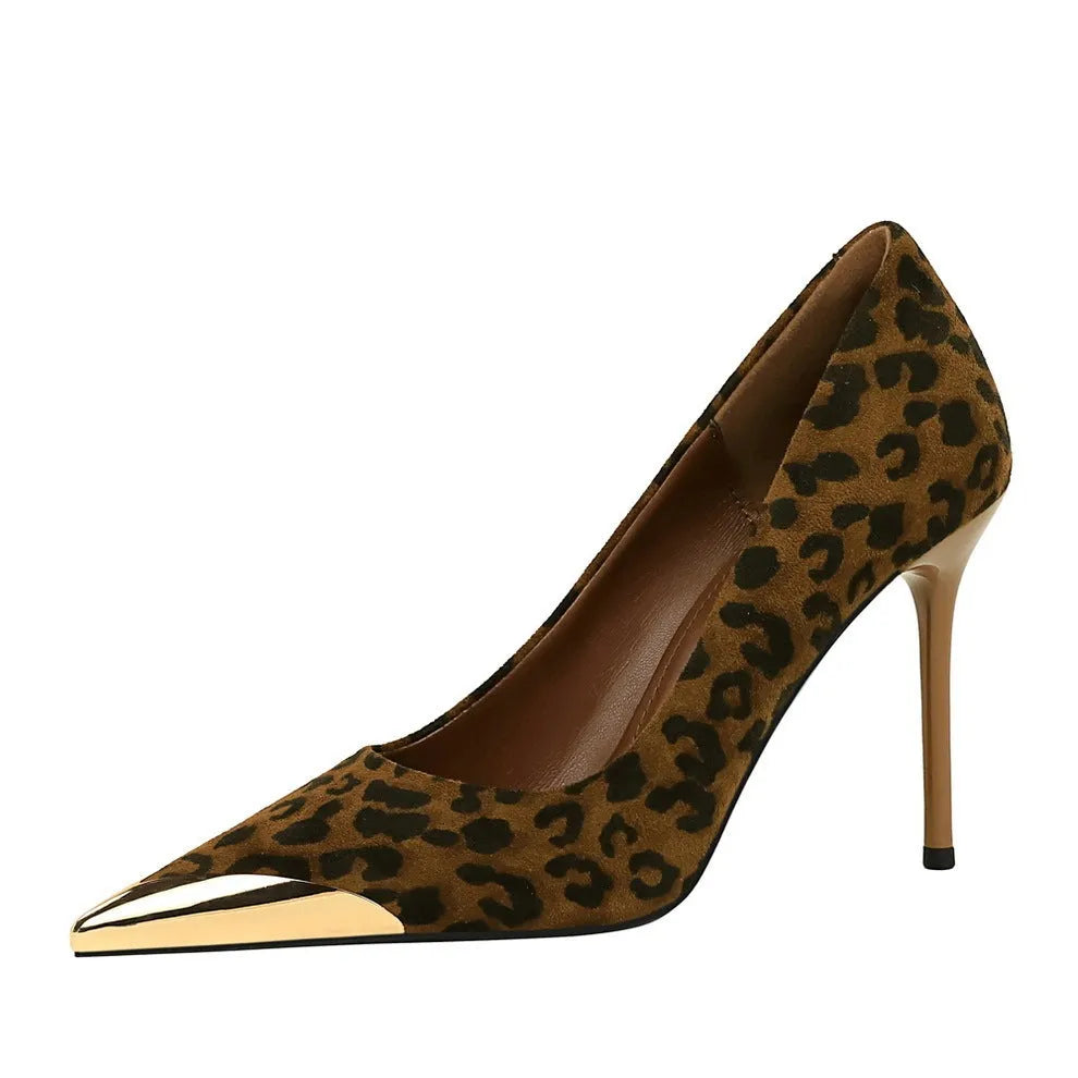 Women's suede stiletto high heels with pointed toe, super high 8cm+ heel, leopard print, brown, black, or ankle red.