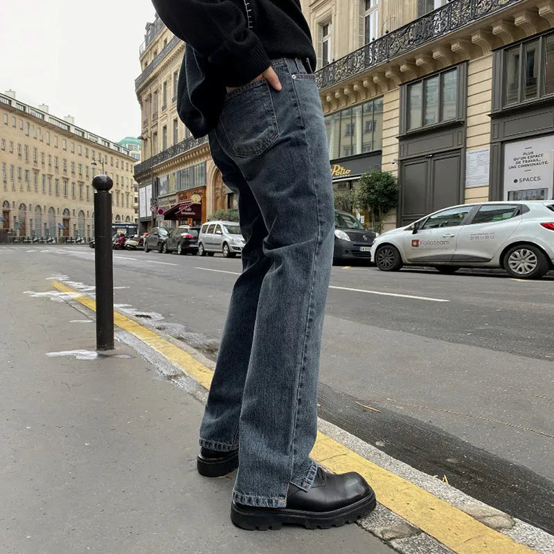 Blue-grey casual straight-leg trousers with side slits, loose fit, mid-waist, velvet lined, autumn wear