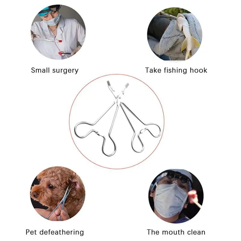 Silver stainless steel pet ear cleaning tweezers with anti-slip handle on a white background.