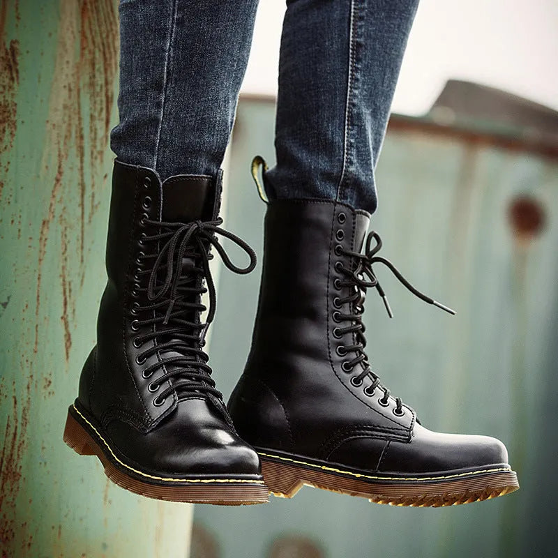 Men's black leather cotton lace-up shoes with high cylinder socks and round toe