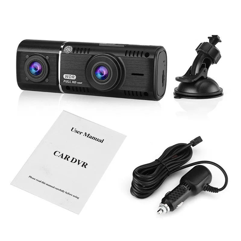 HD conjoined dual-lens car driving recorder in black with 170° wide angle and 12MP resolution on windscreen