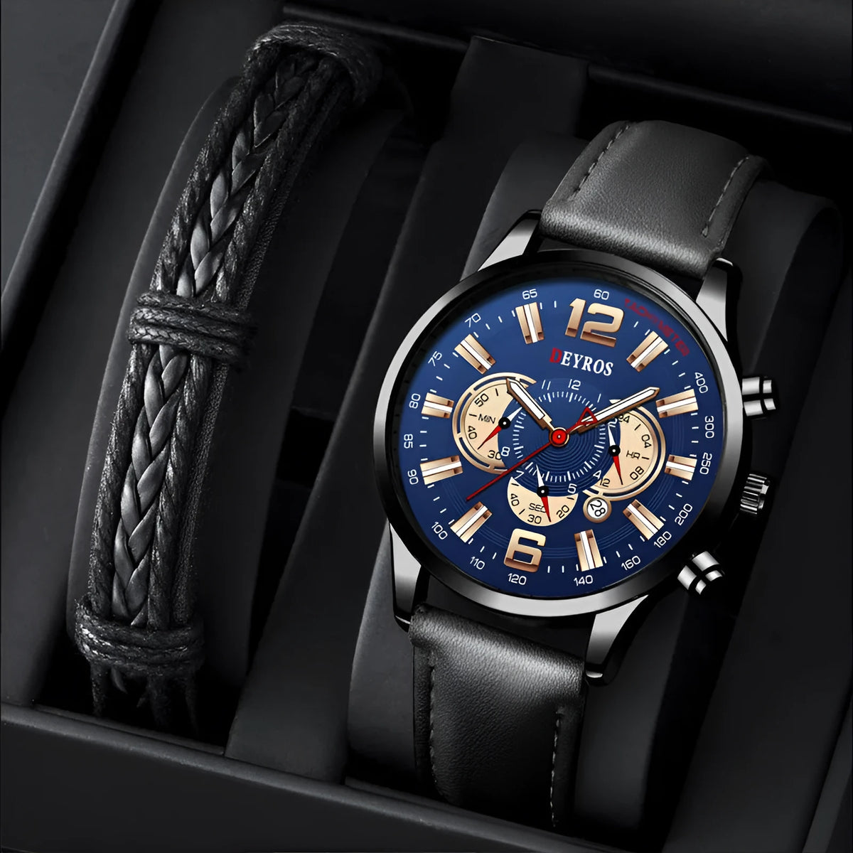 Fake three eye luminous sports watch for men, 9mm case, black or blue ribbon strap, six colour options